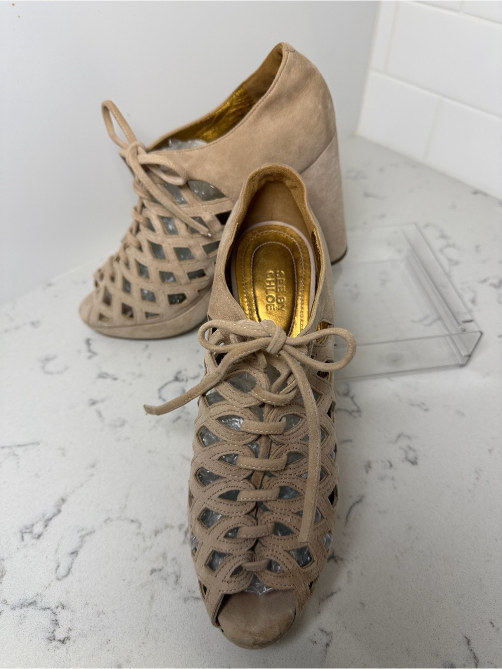 SEE BY CHLOE Beige Suede Lattice Caged Lace Up Platform Block Heels